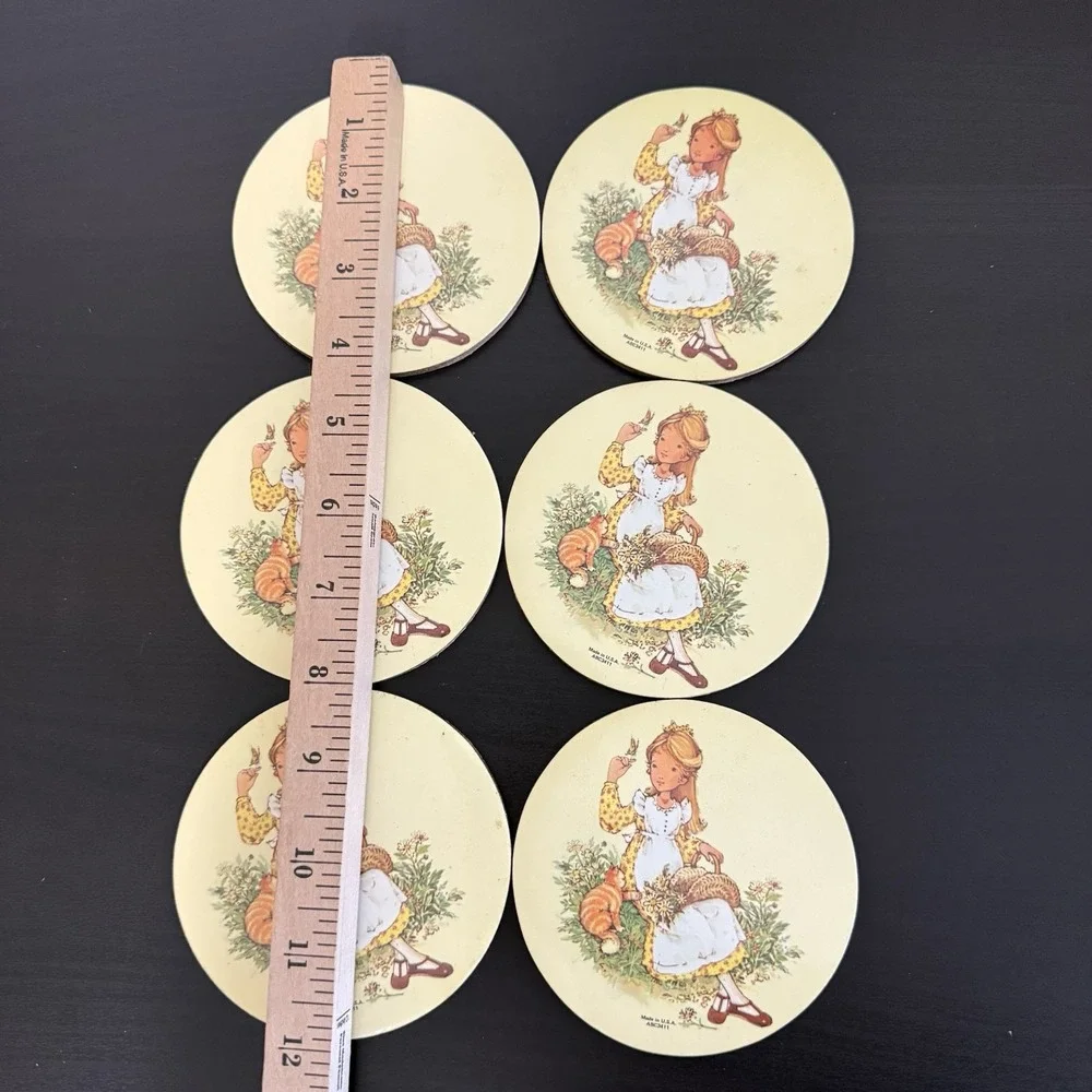 Vintage Holly Hobbie Coaster Set‎ (6) 70s 80s Cork Bottom Kitten Cat Flowers USA